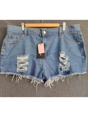 PrettyLittleThing High Waist Distressed Frayed Blue Denim Shorts Women’s 16 NWT